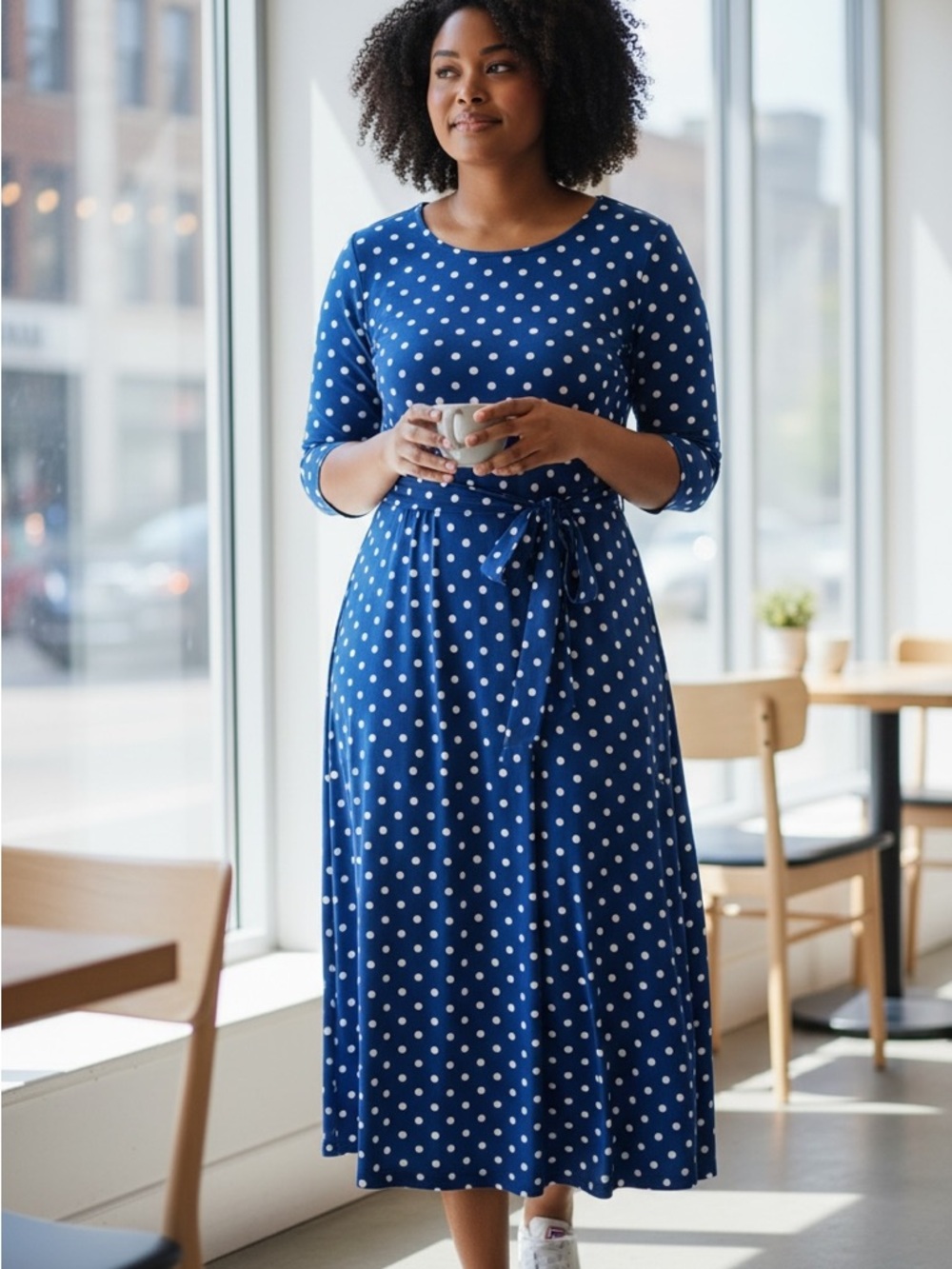 Blue Polka Dot Tie-Waist Midi Dress